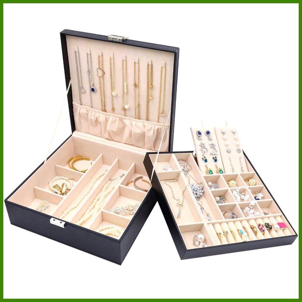 Large 2 Layer Jewelry Box Organizer with Removable Pad Faux Leather